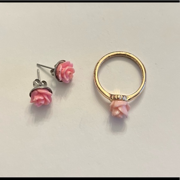 Pink rose ring with silver  earrings set - Picture 3 of 4